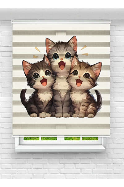 Enzo Home Sevimli Kedi Desenli Baskılı Zebra Perde – 3’lü Yavru Kedi Figürlü