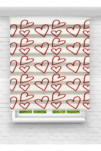 Enzo Home Kırmızı Kalp Desenli Baskılı Zebra Perde – Romantik Modern Tasarım