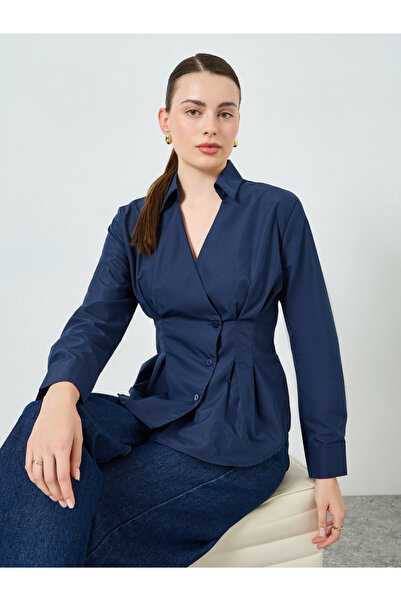 Styli Women Navy Blue Long Sleeve Wrap Top