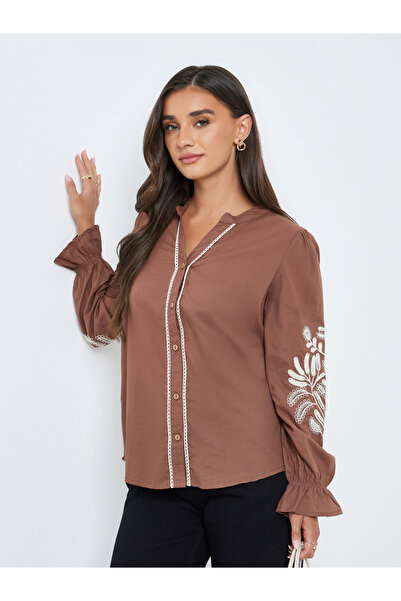 Styli Women Brown Embroidered Long Sleeve Shirt