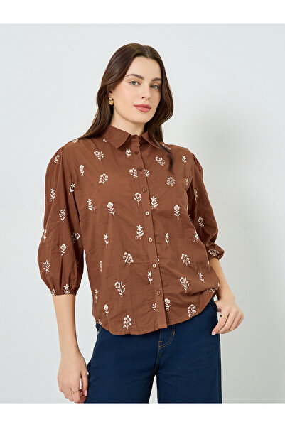 Styli Women Brown Embroidered Shirt with 3/4 Sleeves