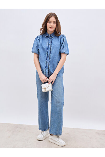 Styli Women Blue Denim Ruffle Shirt