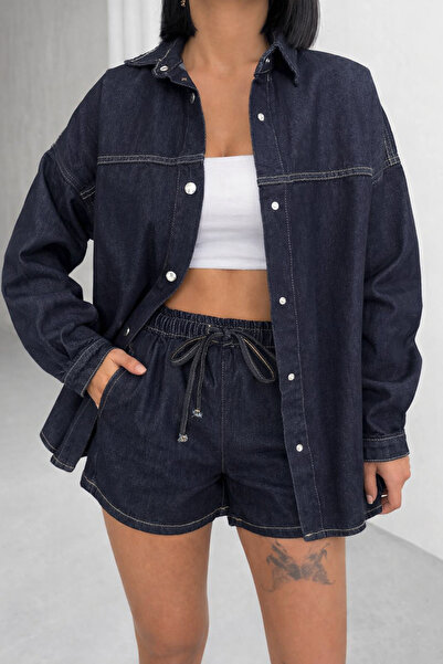 Polo State Women's Navy Blue Denim Shirt Jacket & Shorts Set – Oversize Comfo...