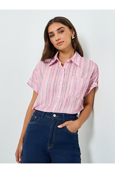 Styli Women Pink Striped Short Sleeve Shirt
