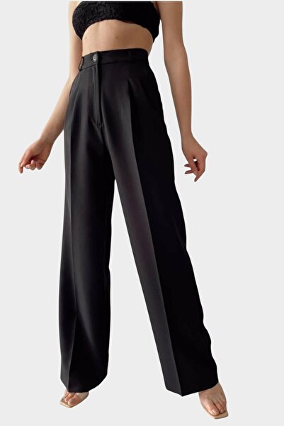 byhaziran butik Γυναικείο παντελόνι Mery με πιέτες, ψηλόμεσο, από μαύρο ύφασμ...