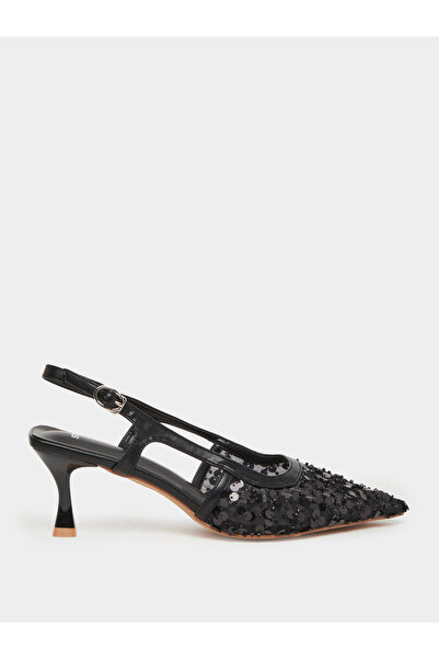 Styli حذاء نسائي أسود بكعب صغير مفتوح من الخلف مزين بالترتر