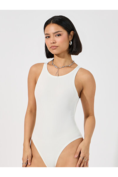 Styli Women White Ribbed Knit Fitted Bodysuit