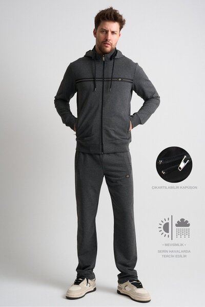 Shooter Sportswear Antrasit Klasik Erkek Eşofman Takımı Çıkartılabilir Kapüşo...