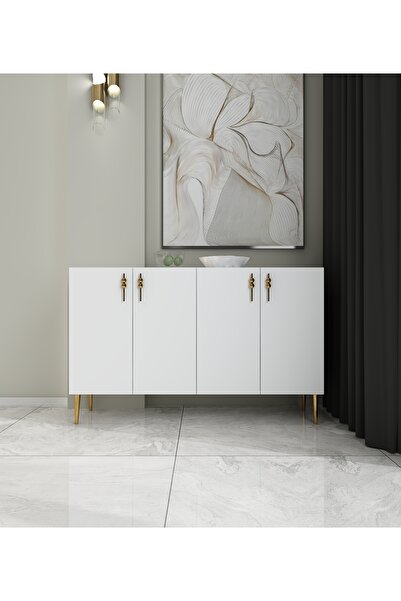 morepp Vera 120 cm Konsol , Tv Ünitesi, Çok Amaçlı Dolap Beyaz-Altın