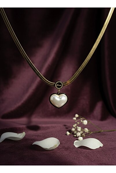 Meneva Aksesuar Gold Color Steel Italian Chain Heart Necklace with Pearls