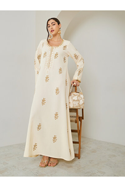 Styli Women Cream Embroidered A-Line Jalabiya