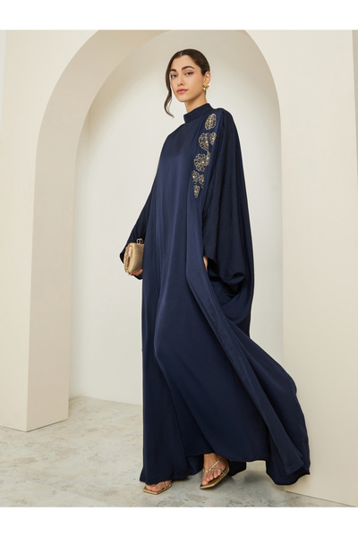 Styli Women Navy Blue Embroidered Abaya with Jalabiya Set