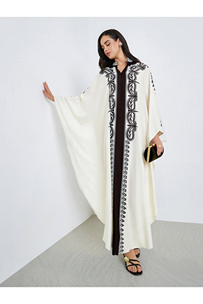 Styli Women White Printed Batwing Sleeve Abaya