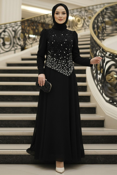 N.S NEVA STYLE Boncuk Detaylı Siyah Tesettür Abiye Elbise 4832S