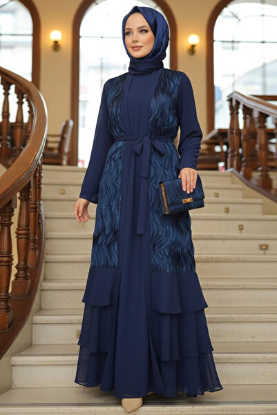 N.S NEVA STYLE Rochie de seară cu volane, detaliată, albastru marin, stil hij...