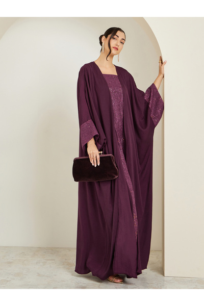 Styli Women Burgundy Embellished Abaya with Inner Dress Set