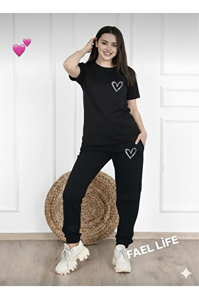FAEL LİFE Women'S/Men's Wide Cut T-Shirt Tracksuit Minimal Heart Printed Set
