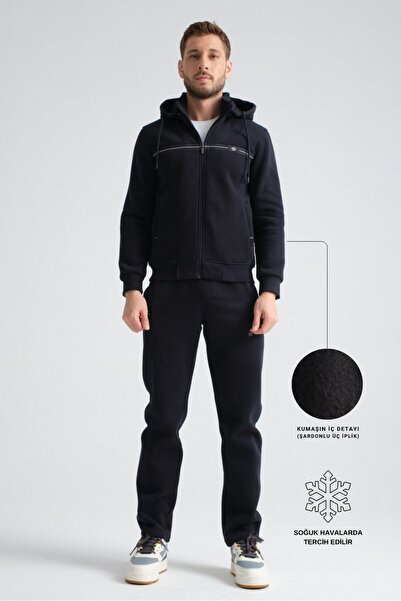 Shooter Sportswear Navy Blue Men's Winter Tracksuit Set, Three Thread Hooded ...