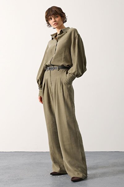 Trend Alaçatı Stili Women's Khaki Pleated Double Pocket Belted Palazzo Trouse...