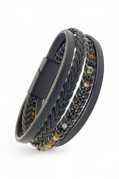OSMANLI GÜMÜŞ Men's Leather Bracelet with Agate Natural Stone Black Multi-Lea...
