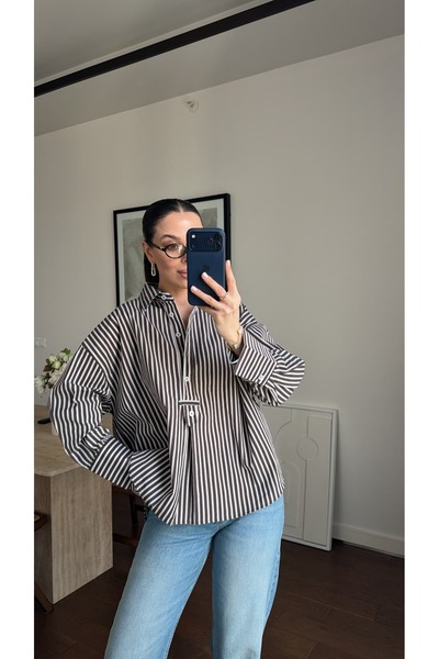 sinemkivanc co ACI KAHVE ÇİZGİLİ GÖMLEK