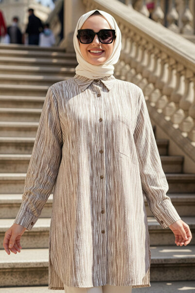 N.S NEVA STYLE Buttoned Brown Hijab Tunic 10439Kh