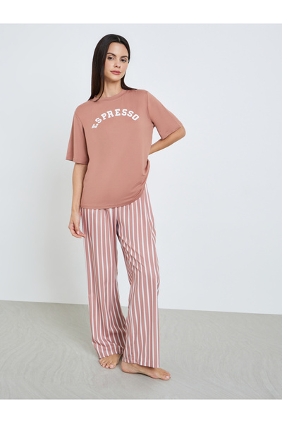 Styli Women Brown Slogan T-Shirt and Striped Pyjama Set