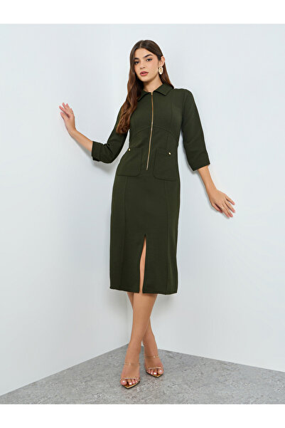Styli Women Olive Shirt Midi Dress with 3/4th Sleeves