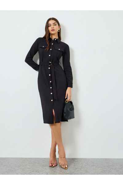 Styli Women Black Belted Shirt Midi Dress