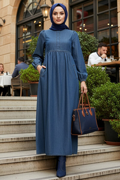 N.S NEVA STYLE Navy Blue Hijab Denim Dress with Pockets 19166L