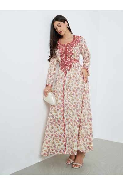 Styli جلابية نسائية مطرزة بنقشة زهور مع حزام