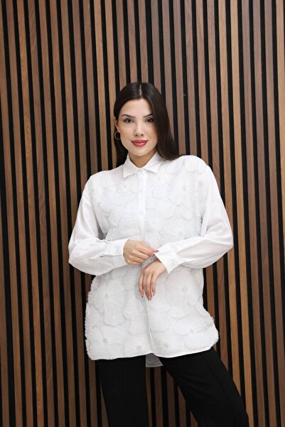 DESTİNA Çiçek İşlemeli Düğmeli Kadın Gömlek