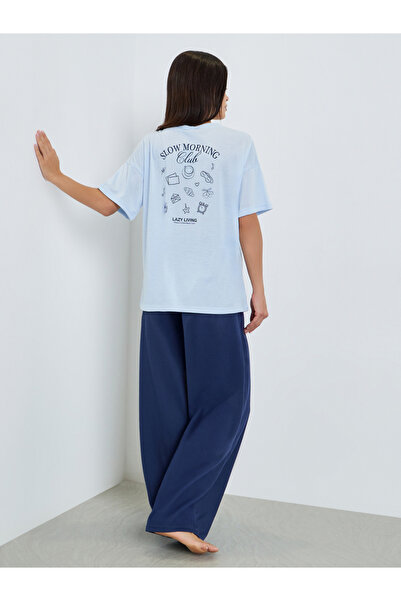 Styli Women Blue Printed T-Shirt and Pyjama Set