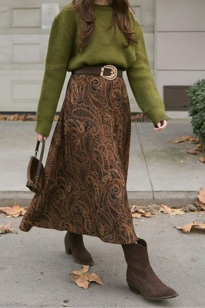 Bestenur Şal Desen Kloş Etek 1681 - Koyu Kahve