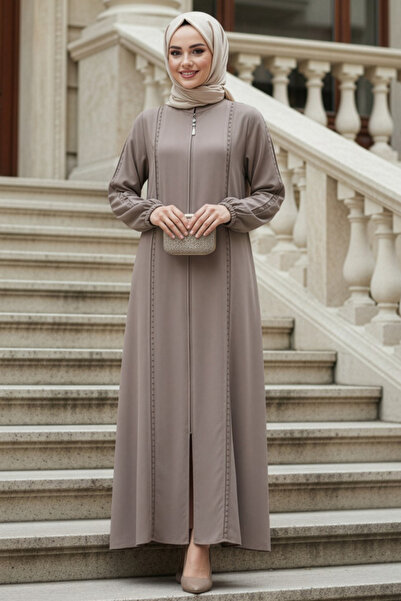 N.S NEVA STYLE Zippered Beige Hijab Abaya 45317Bej
