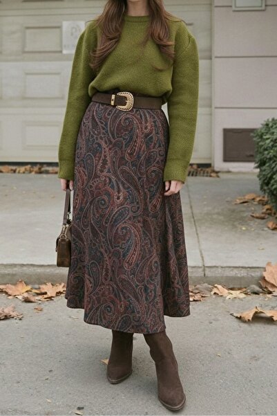 Bestenur Şal Desen Kloş Etek 1681 - Lacivert