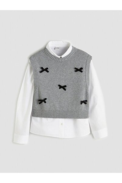 LC Waikiki LCW Kids Fiyonk Detaylı Kız Çocuk Triko Süveter ve Gömlek