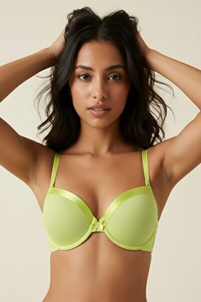 Manken Neon Yellow Satin Detailed Padded Underwire Bra - Everyday Bra with Re...