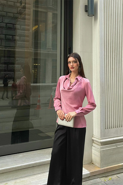 Klex Kadın Degaje Yaka Saten Bluz – Uzun Kollu, Şık ve Zarif Tasarım