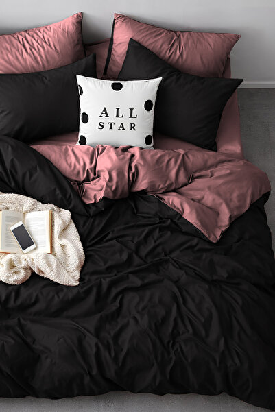 Always Double-Sided Double Duvet Cover Set with Elastic Sheet Black-Dry Rose