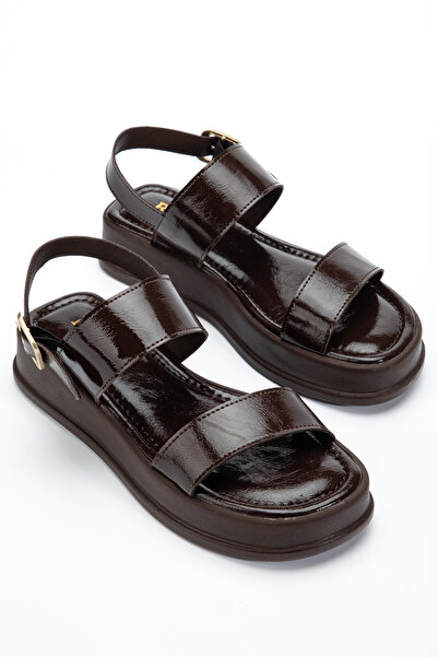 RİSSOLİ Women's Bitter Brown Wrinkled Patent Leather Double-Strapped Side Buc...