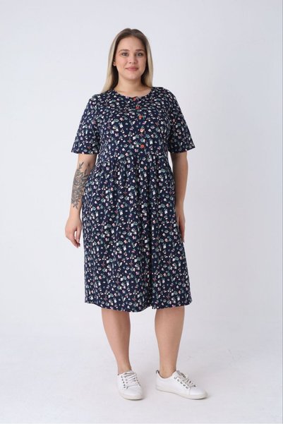 STELLETO Floral Patterned Waist Ruffled Buttoned Plus Size Cotton Modal Dress