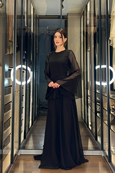 Klex Kadın Şifon Uzun Elbise – Volan Detaylı, Transparan Kollu, Zarif ve Dave...