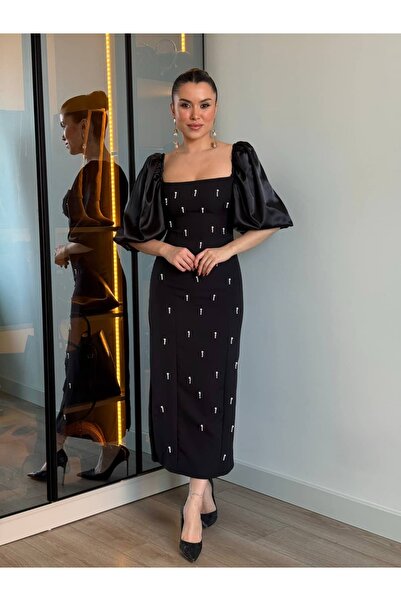 ROUPAS COLLECTİON İncili Balon Kol Modern Elbise