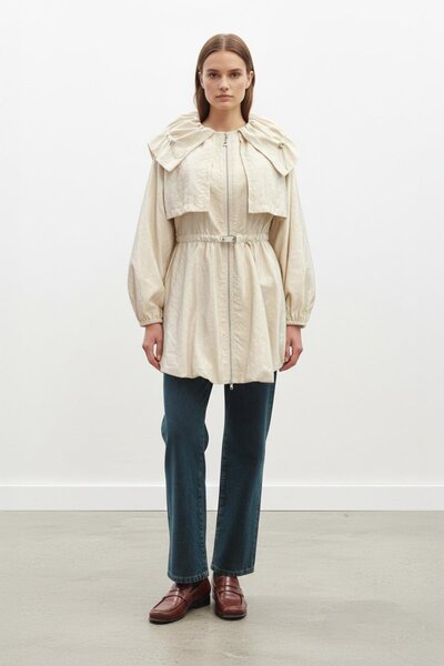 Soul Zippered Hooded Waist Drawstring Short Trenchcoat-32450 - Beige