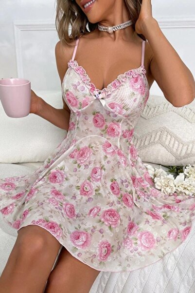 Tarzınbu Pembe Gül Desenli Romantik Gecelik