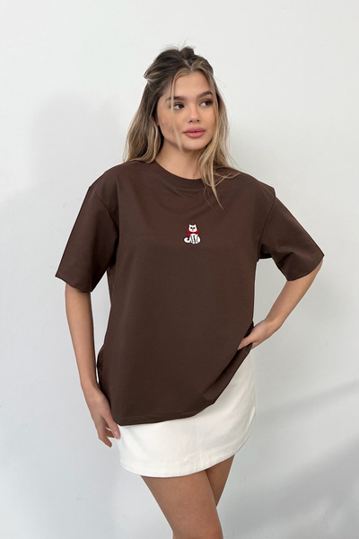 GİYSA Γυναικείο T-Shirt με λαιμόκοψη ποδηλάτου και κέντημα γάτας 2 νημάτων, κ...