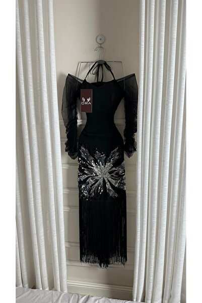 Ora Black Barbie dress with beading, tulle sleeves and fringe