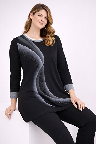 Şans Women's Plus Size Black, Stone Embellished, Ribbed Detail at Collar and ...