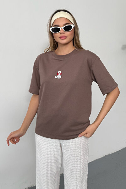 GİYSA Γυναικείο T-Shirt με λαιμόκοψη ποδηλάτου και κέντημα γάτας 2Ιπ - Ανοιχτ...